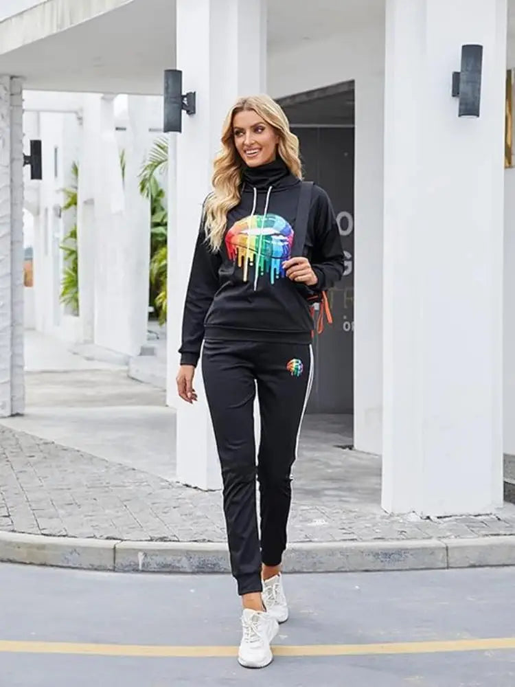 Womens Casual 2 Piece Tracksuit Outfits Lip Print Pattern Long Sleeve Pullover Pants Set