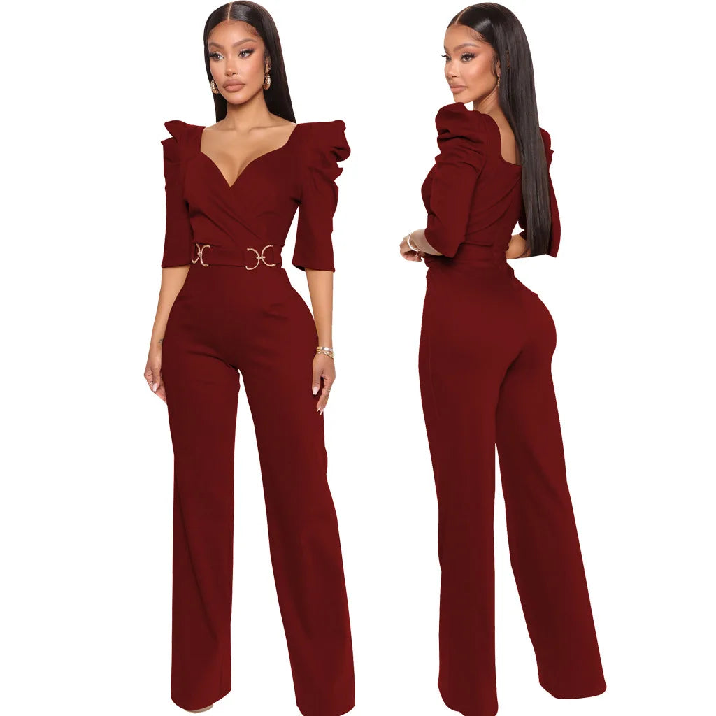 Sexy fashion solid color seven-quarter sleeve V-neck women's jumpsuit SMR10805