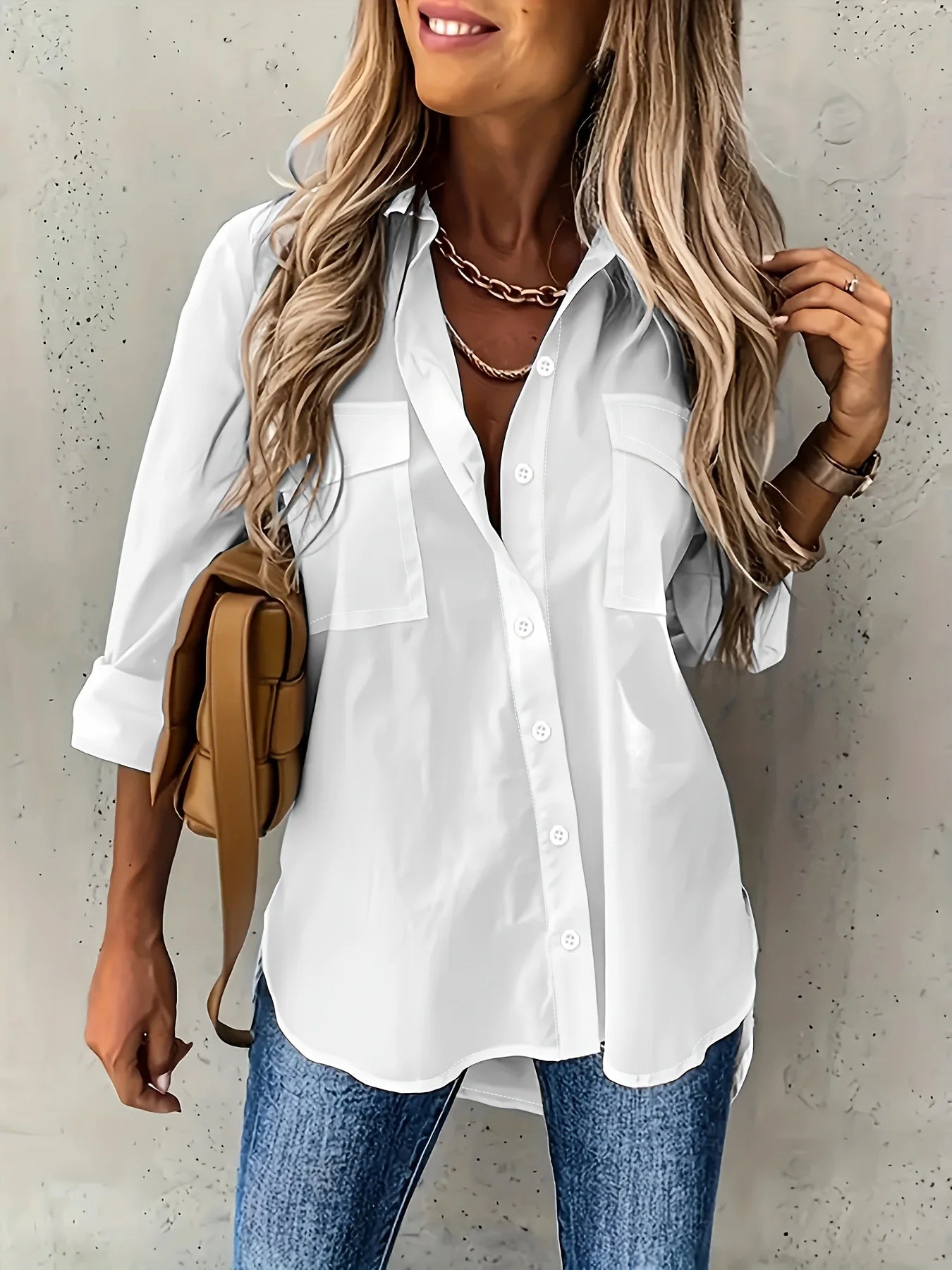Women's shirt - front placket button double pocket, front short back long long sleeve shirt, front short back long