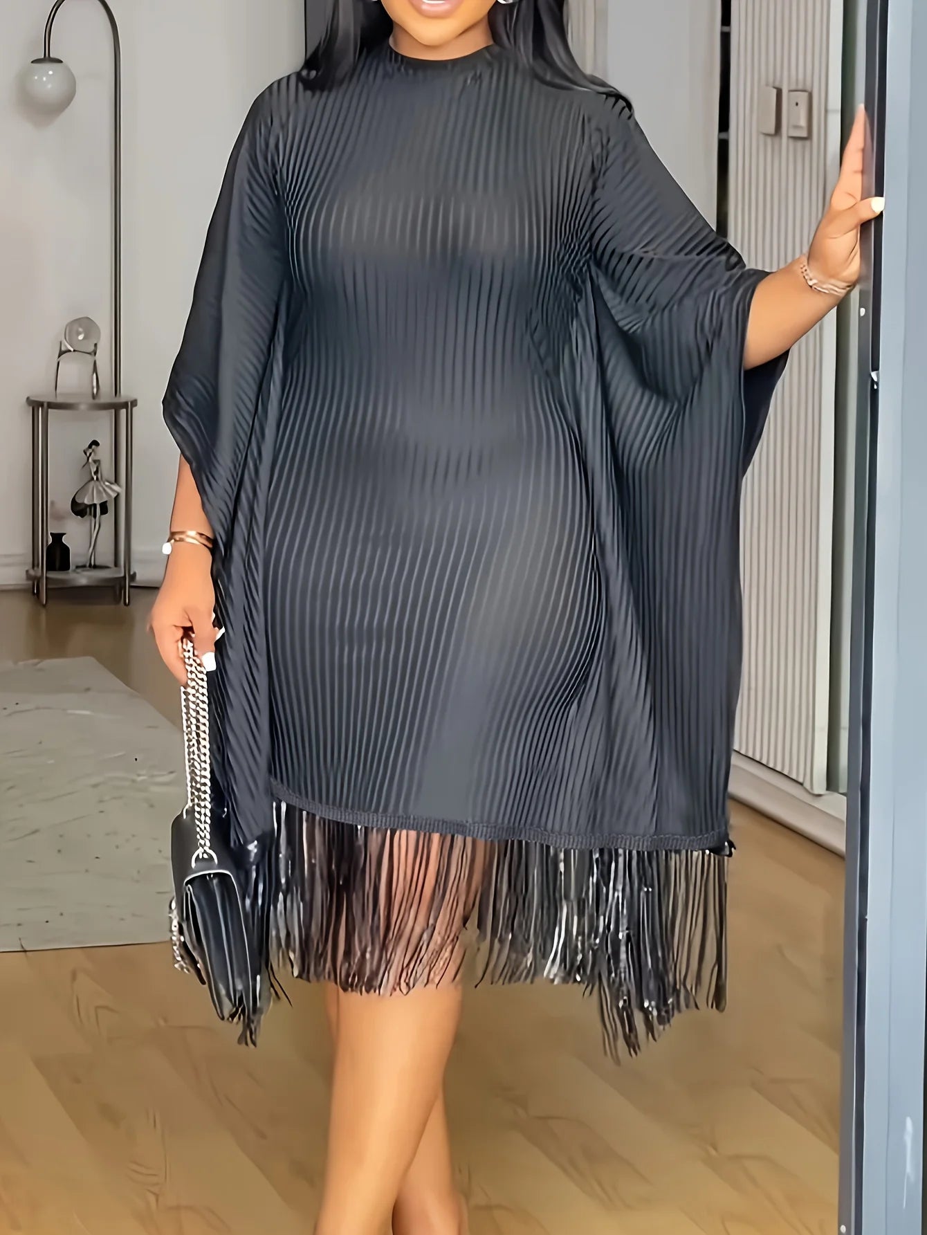 Round Neck Open Sleeve Fringed Hem Shirt Dress