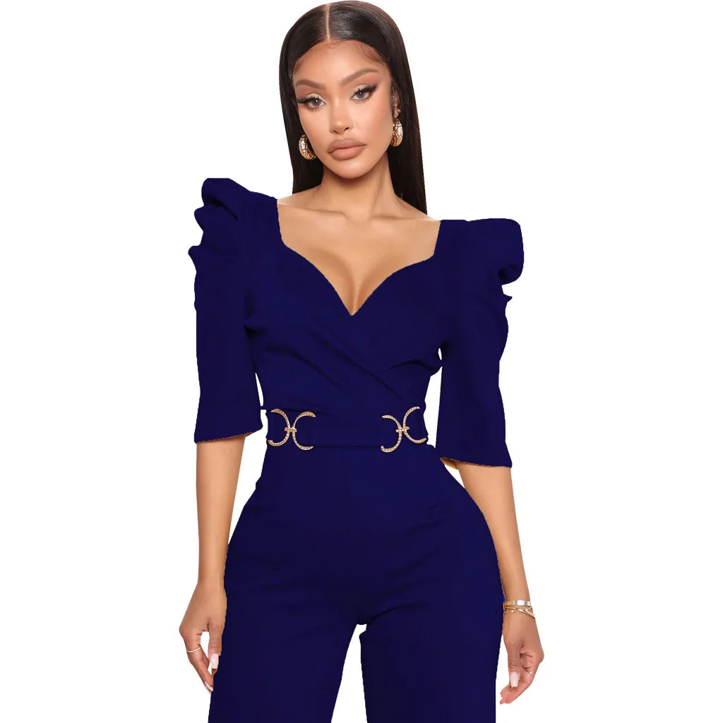 Sexy fashion solid color seven-quarter sleeve V-neck women's jumpsuit SMR10805