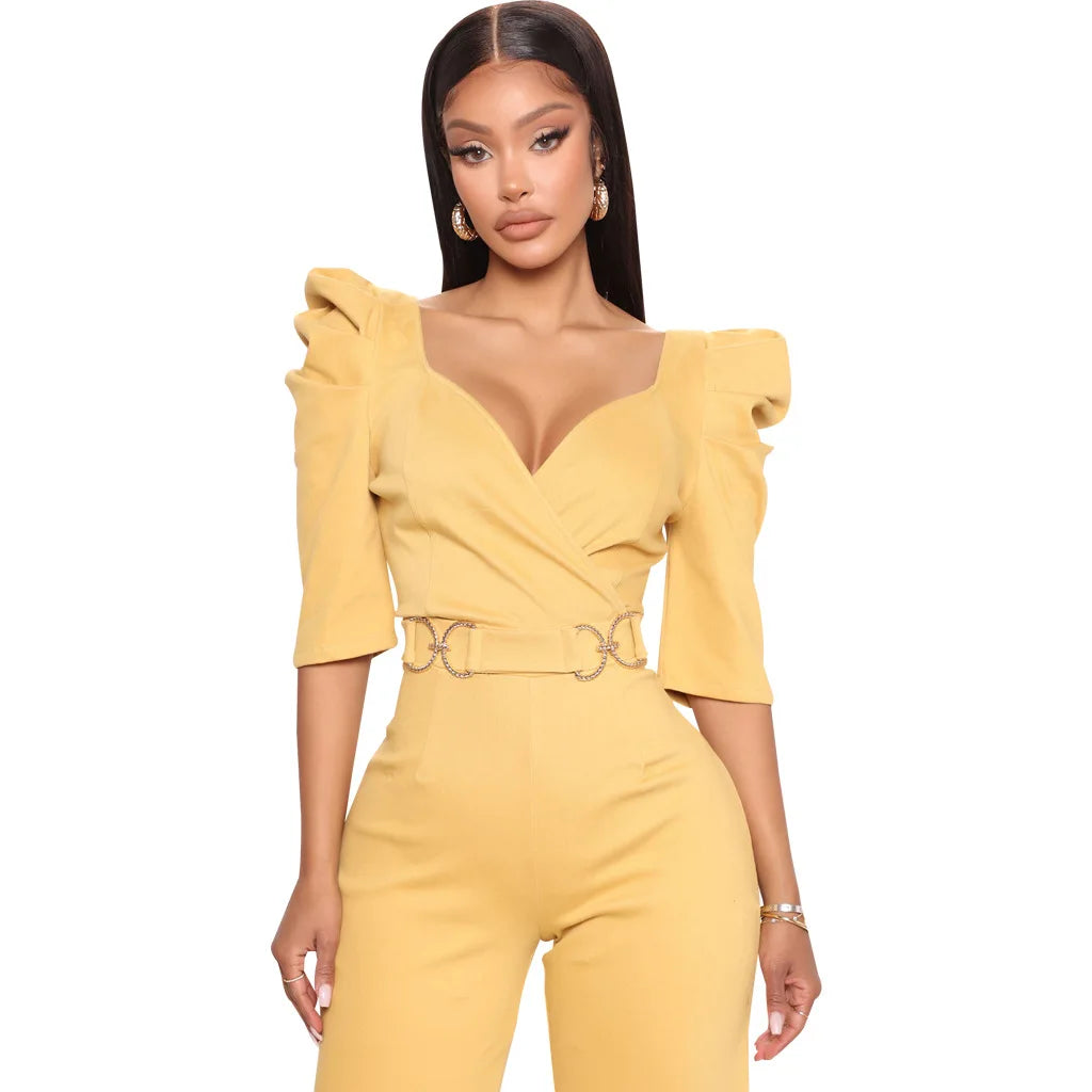 Sexy fashion solid color seven-quarter sleeve V-neck women's jumpsuit SMR10805