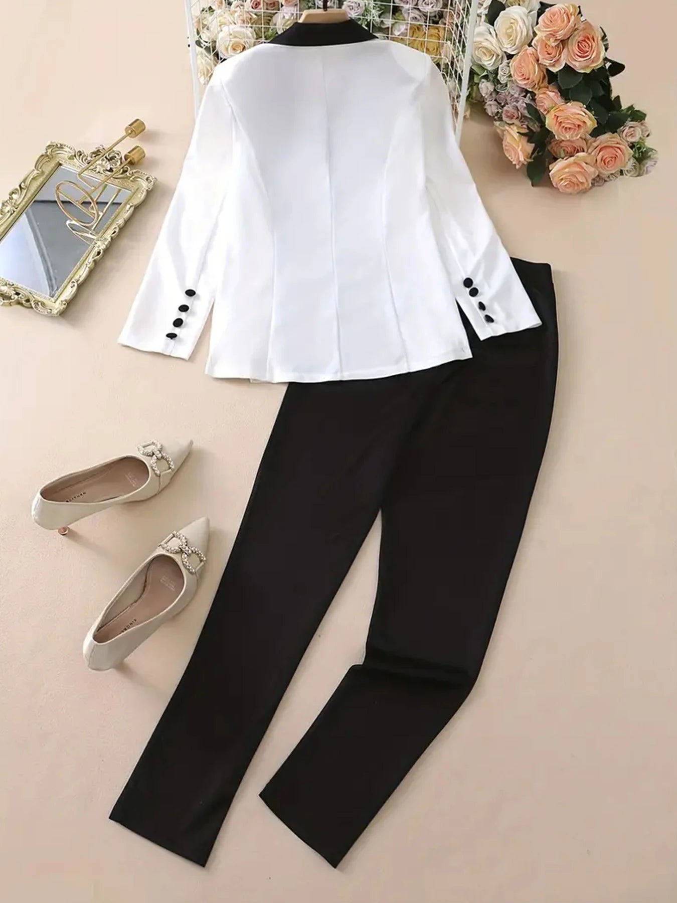 Women's Gradient Color and Snake Print Business Casual Two-Piece Suit Set, Double Breasted Long Sleeved Lapel Suit Jacket and Hi