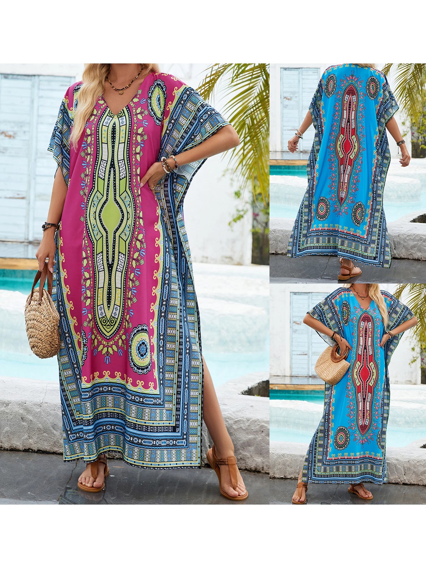 Women s Boho Style Floral Print V-neck Short Sleeve Beach Cover-up Dress with Side Slit Loose Fit Summer Maxi Dress