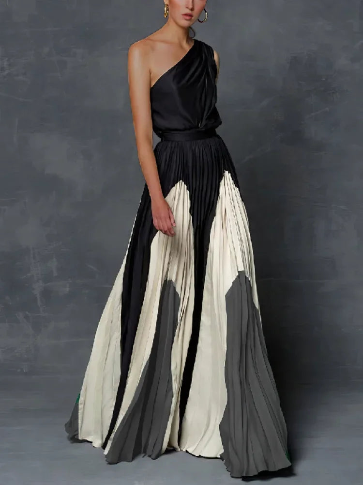 Women Fashion Printed Elegant Evening Maxi Dresses 2025 New Summer Sleeveless One-Shoulder Pleated A-line Long Dress