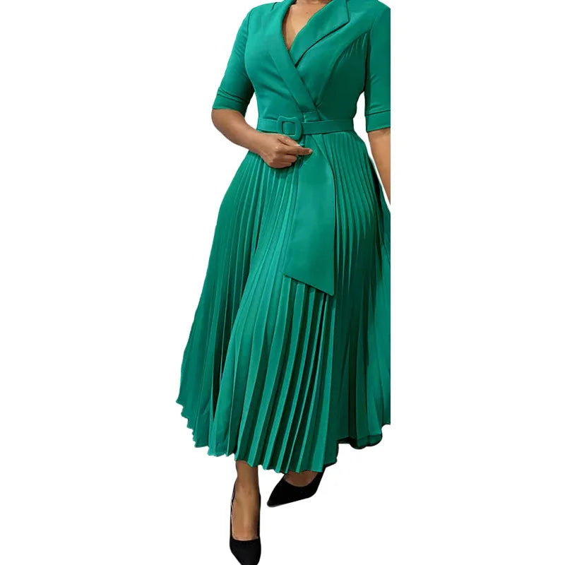 Elegant Office Dresses Pleated for Woman Notched Collar Half Sleeve Belt Waisted Mid Calf Professional Afircan Business New Robe