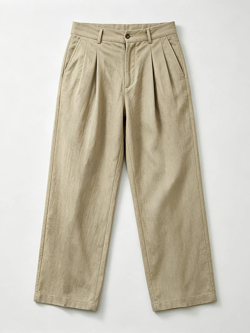 Men's Loose Fit Linen Trousers Casual Straight Leg Pleated Pants Lightweight Breathable for Work Commute Vacation Daily Wear