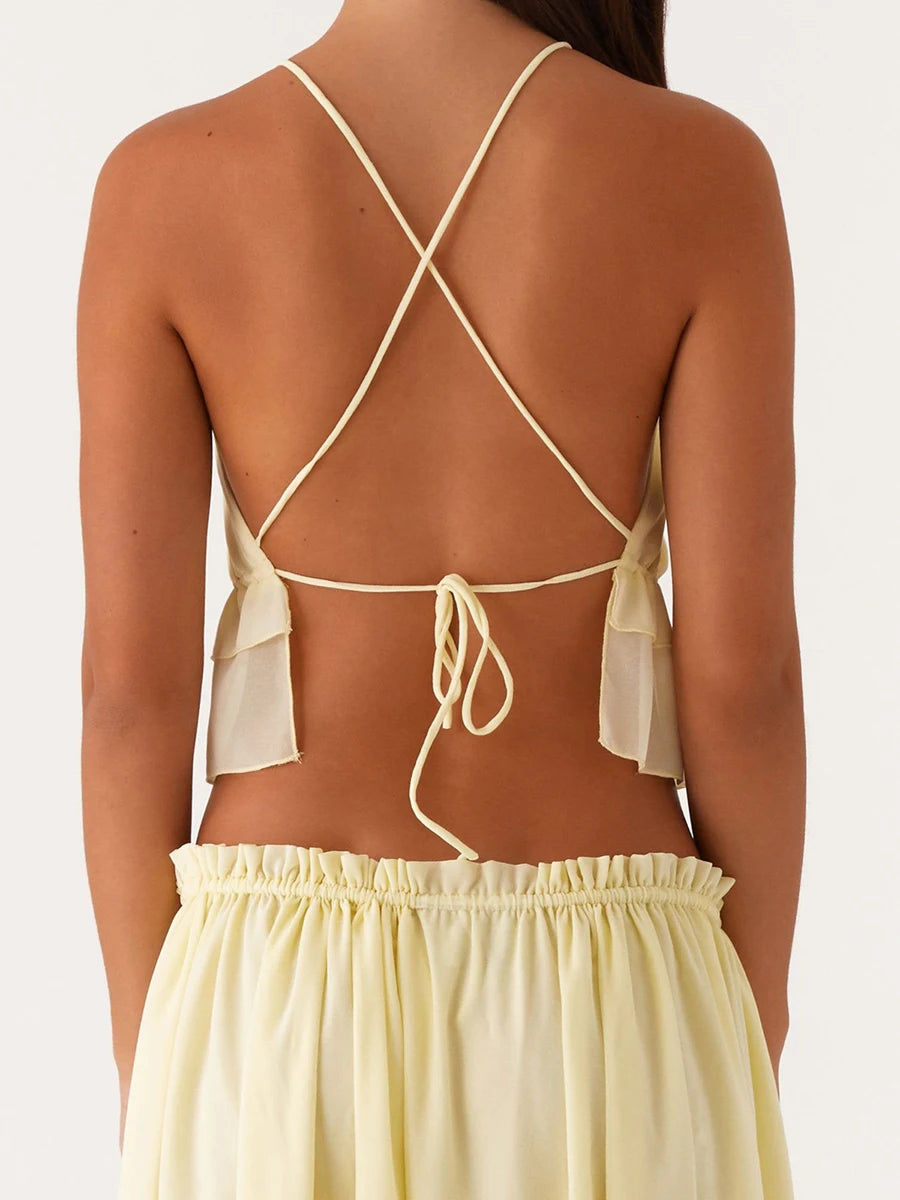 Women s Sexy V-Neck Sleeveless Crop Top with Lace Trim and Adjustable Spaghetti Straps for Beach Party Night Outfits
