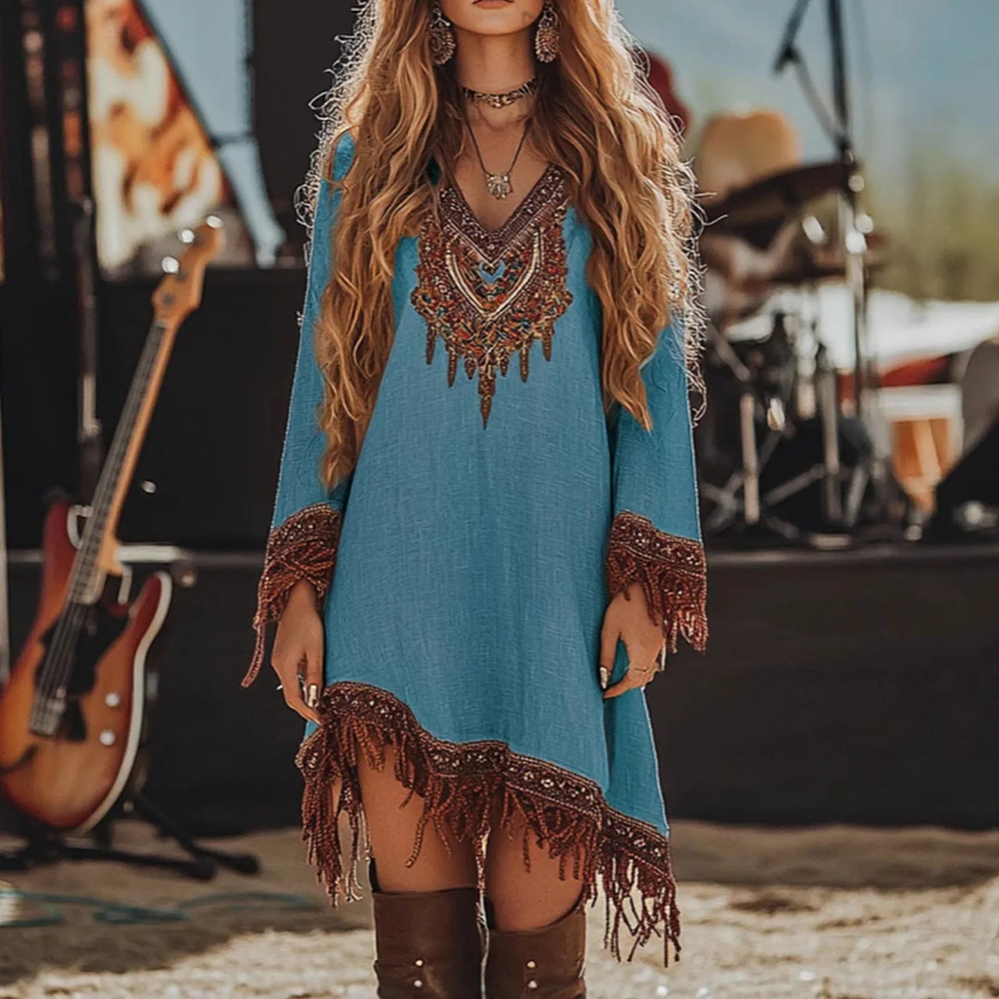 Womens Summer Dress Fashion Casual Fit Flowy Lace Loose Print Long Sleeve V Neck Dress Elegant Women'S Dresses Vestidos De Mujer