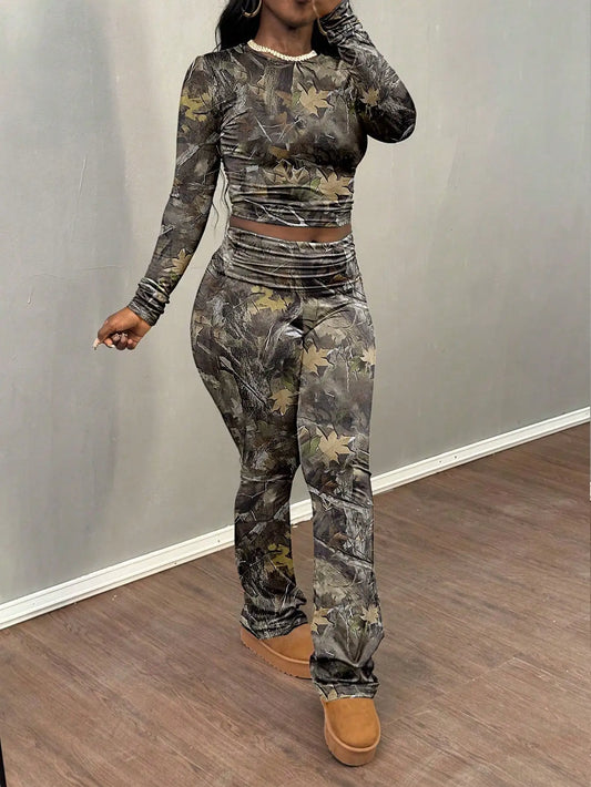 2025 Women's Sexy 2 Piece Outfit Long Sleeve Crop Top & Pants Set Clubwear Night Out Party Bodycon Matching Set