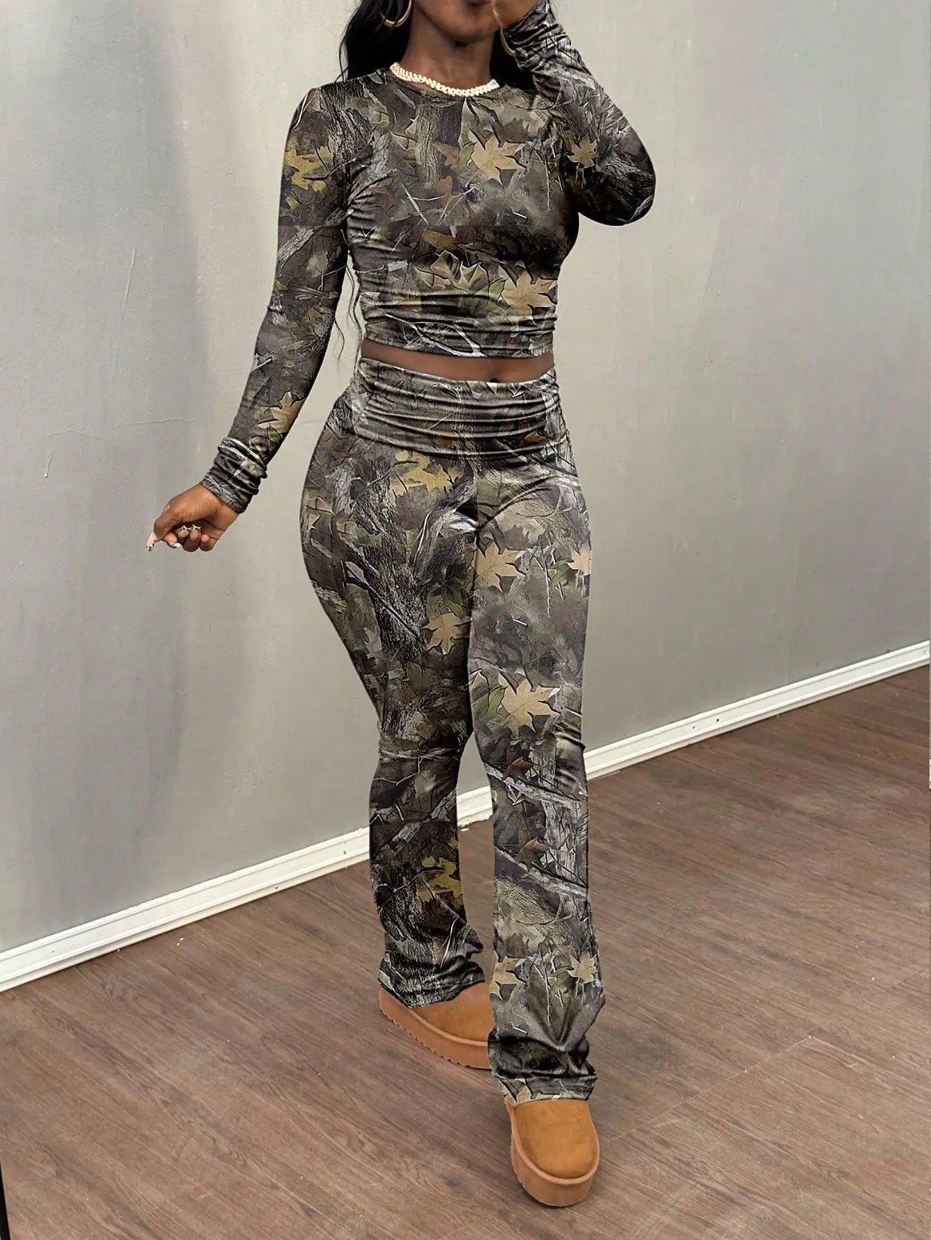 2025 Women's Sexy 2 Piece Outfit Long Sleeve Crop Top & Pants Set Clubwear Night Out Party Bodycon Matching Set