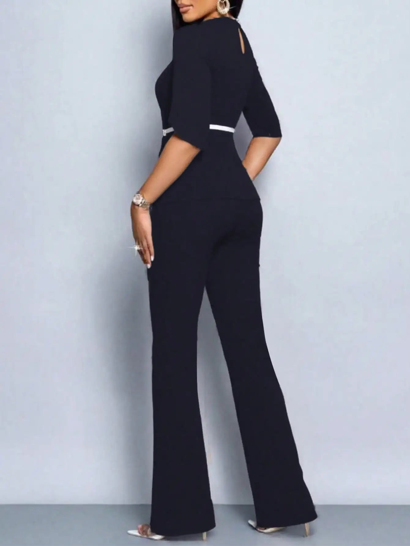2025 latest elegant temperament solid color top wide-leg pants two-piece set with belt
