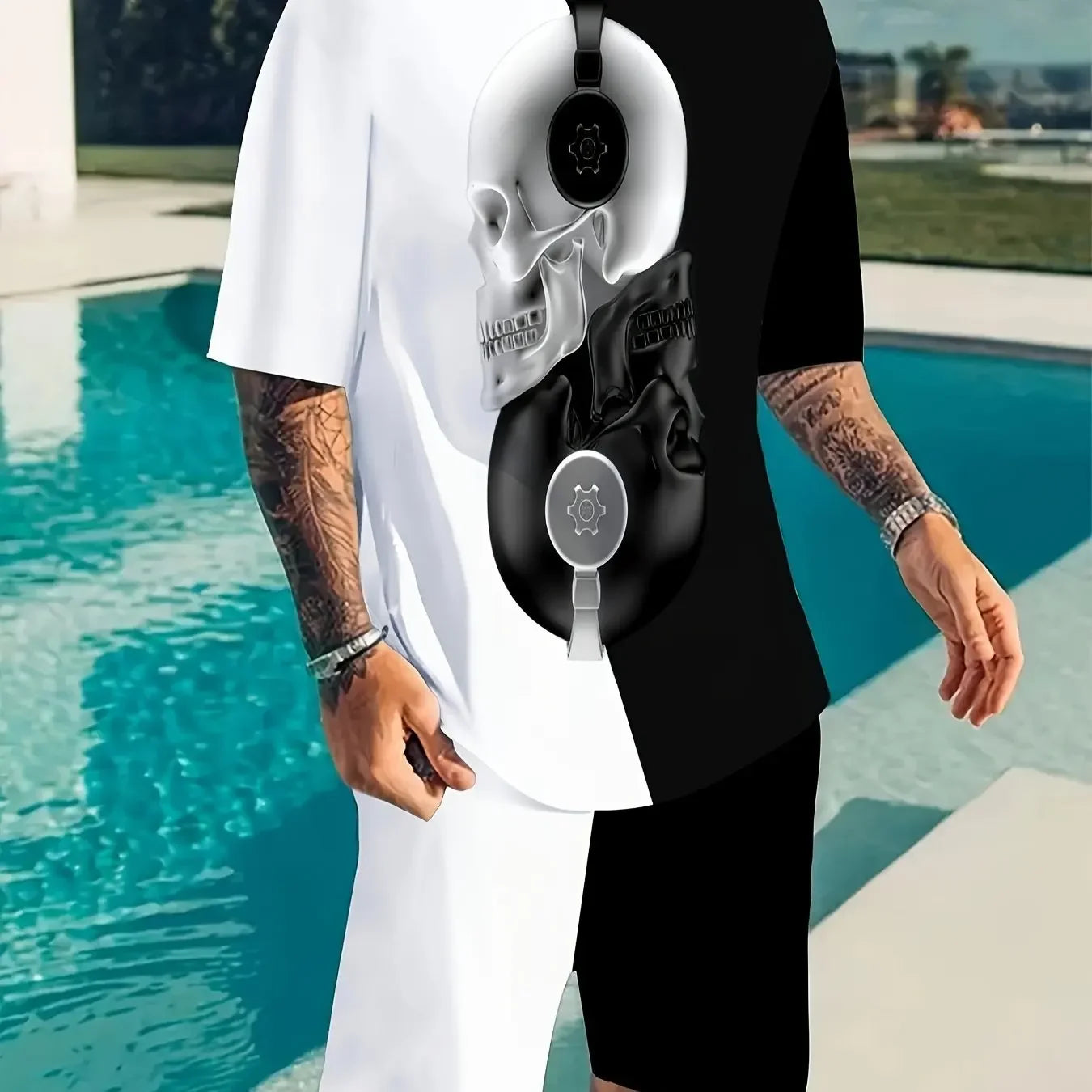 Skull Color Block Pattern Mens 2 Piece Outfits, Comfy T-shirt And Casual Shorts Set For Summer, Men's Clothing