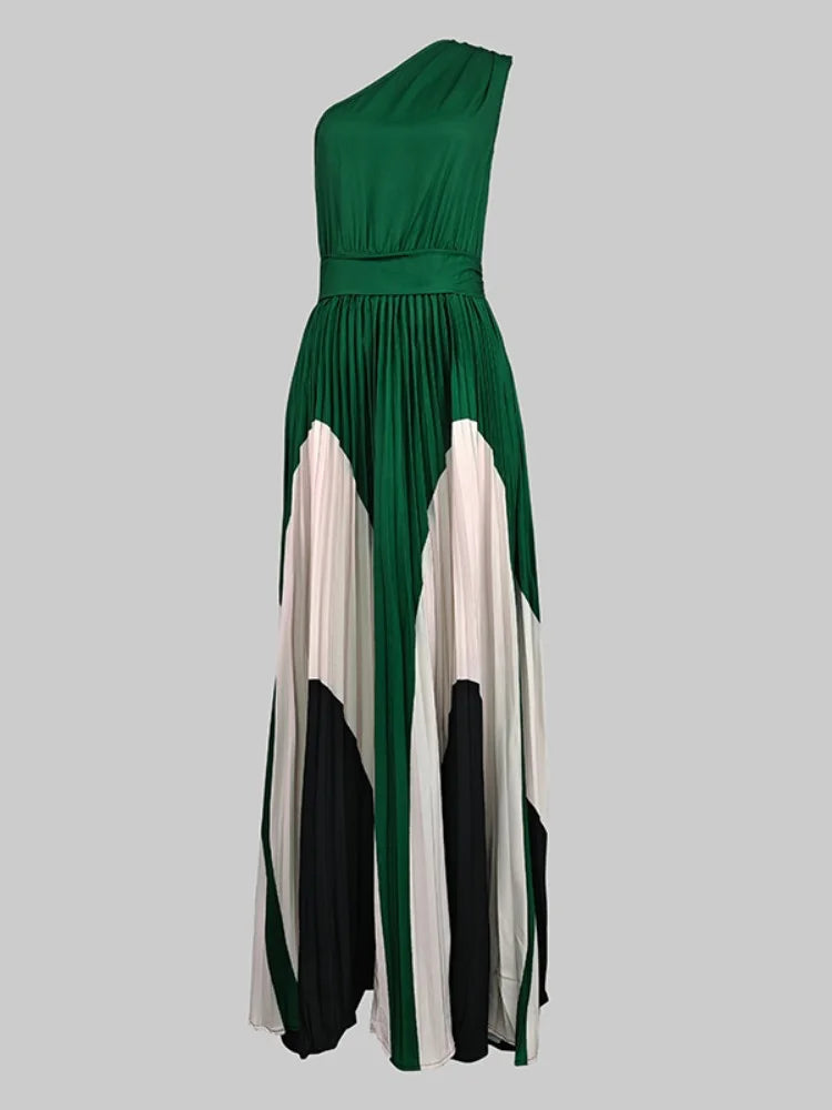Women Fashion Printed Elegant Evening Maxi Dresses 2025 New Summer Sleeveless One-Shoulder Pleated A-line Long Dress