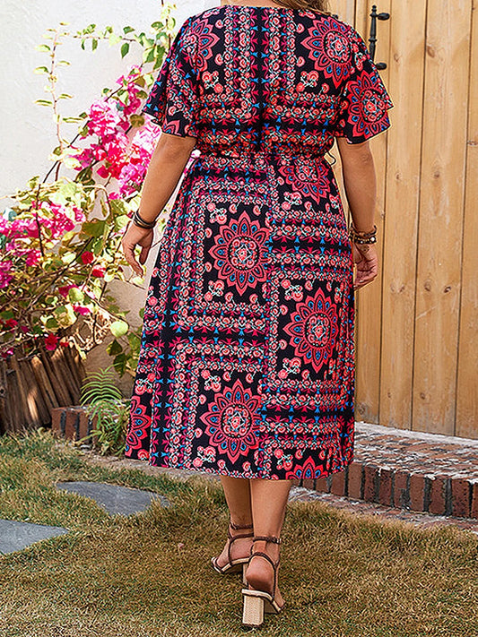 Women s Floral Print V Neck Short Sleeve Midi Dress with Slit Elegant Summer Swing Dress for Holiday Party and Special