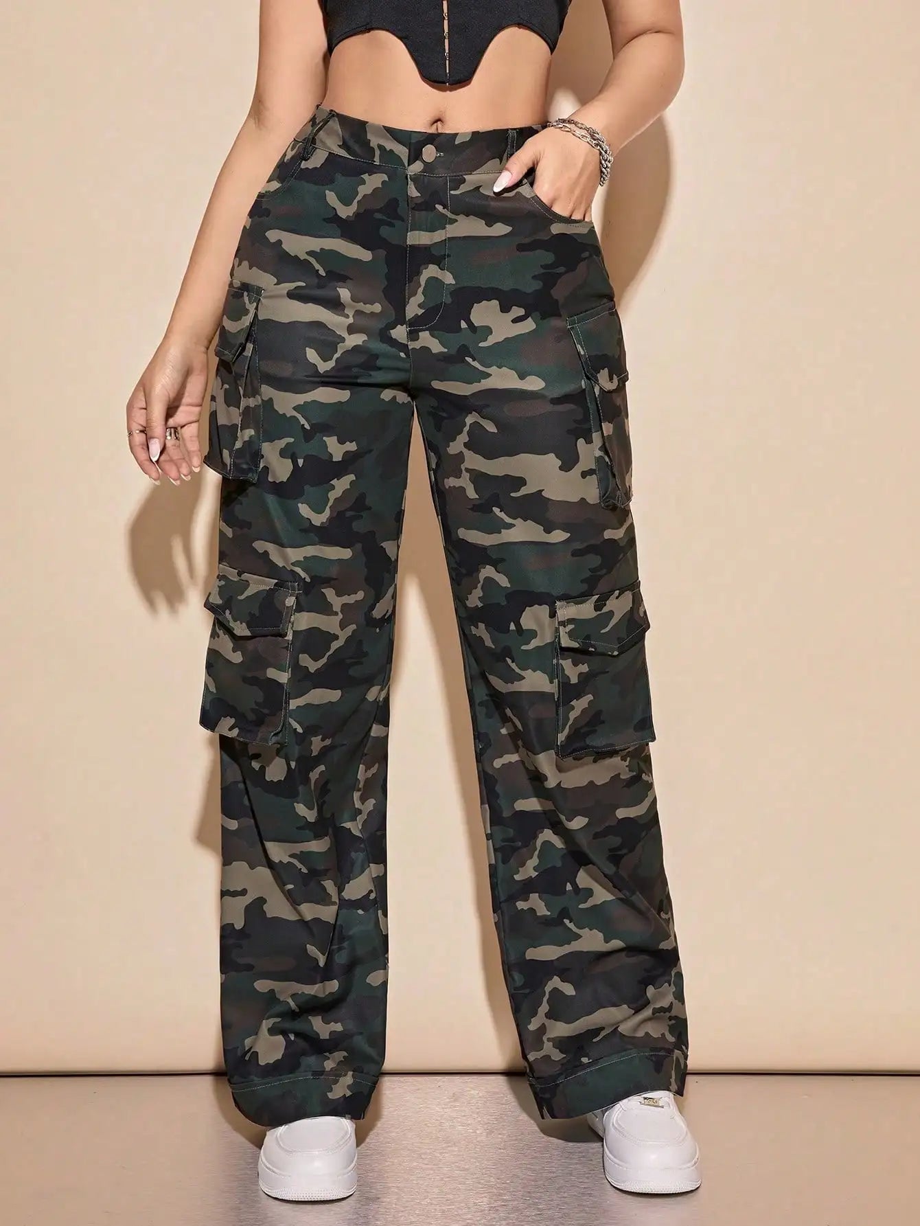 2025 Newest Camouflage Cargo Pants Women's High Waist Wide Leg Pants Loose Pants with Flat Pockets