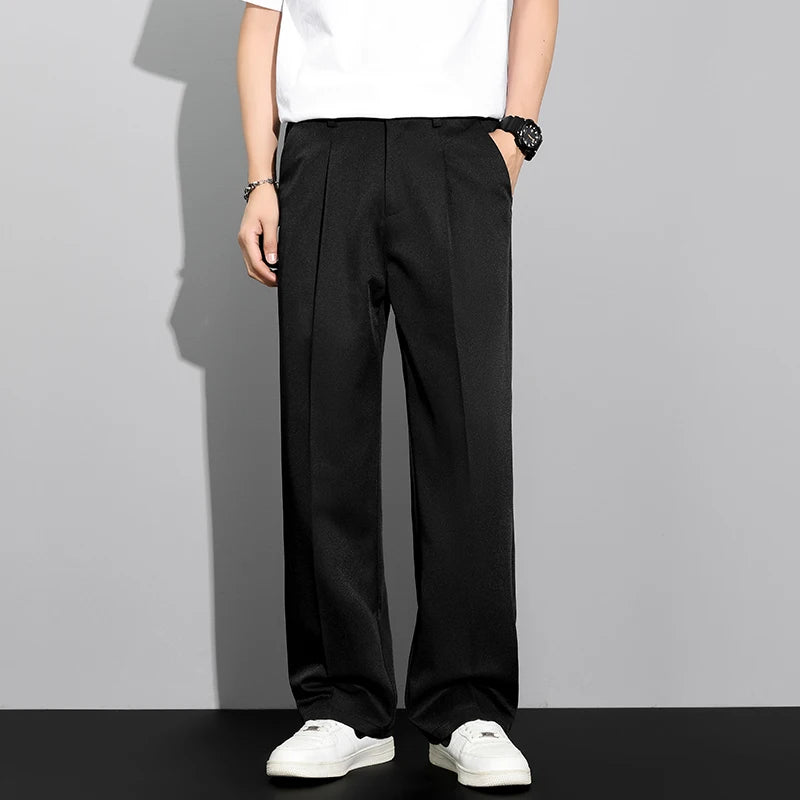 2026 Autumn Winter Korean Style Men's Loose Straight Draping Casual Pants Slacks Khaki Dark Gray Office Work Formal Trousers Man