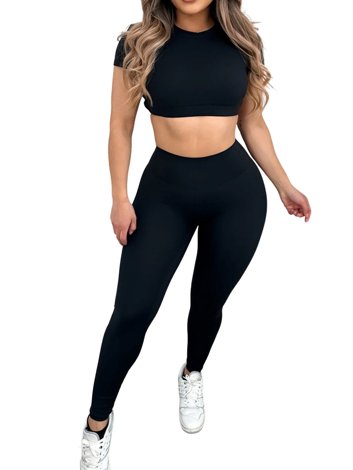 Women Sportswear Workout Clothes Athletic Wear Gym Legging Fitness Bra Crop Top  Sports Suits Black