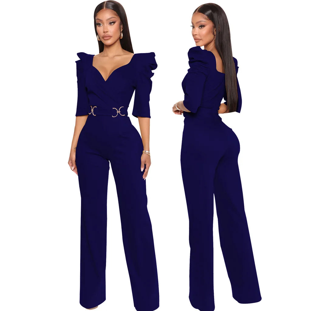 Sexy fashion solid color seven-quarter sleeve V-neck women's jumpsuit SMR10805