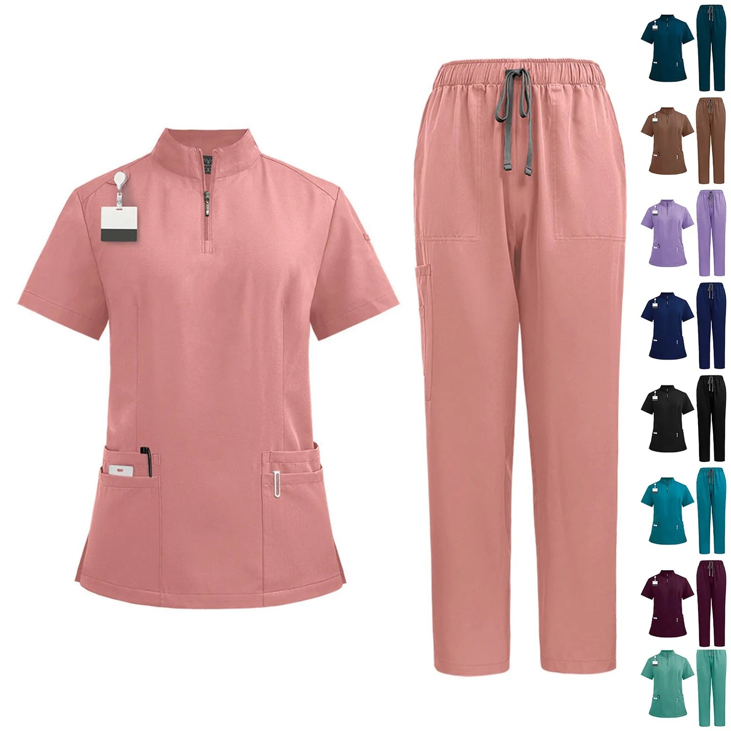 Women Two-Piece Set Solid Color Stand-Up Collar Short-Sleeve Top With Zipper Pocket And Matching Pants Professional Workwear