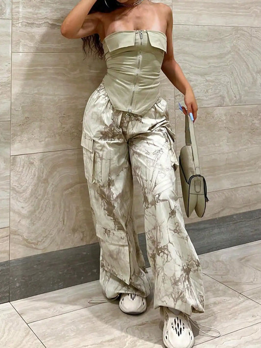 2025 Women's 2 Piece Outfit Set Tube Top Crop Top  Wide Leg Cargo Pants with Pockets Summer Streetwear Casual Wear