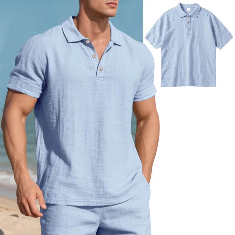 Men s Casual Short Sleeve Linen Shirt with Lapel Collar and Button Detail - Lightweight Summer Top for a Stylish Look