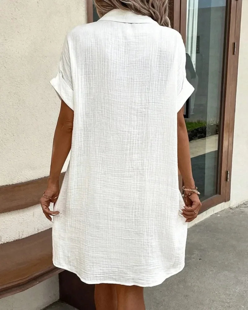 Women's Fashion Summer Minimalist V-neck Button Up Dress Woman Cotton Linen White Short Sleeved Pocket Casual Loose Shirt Dress