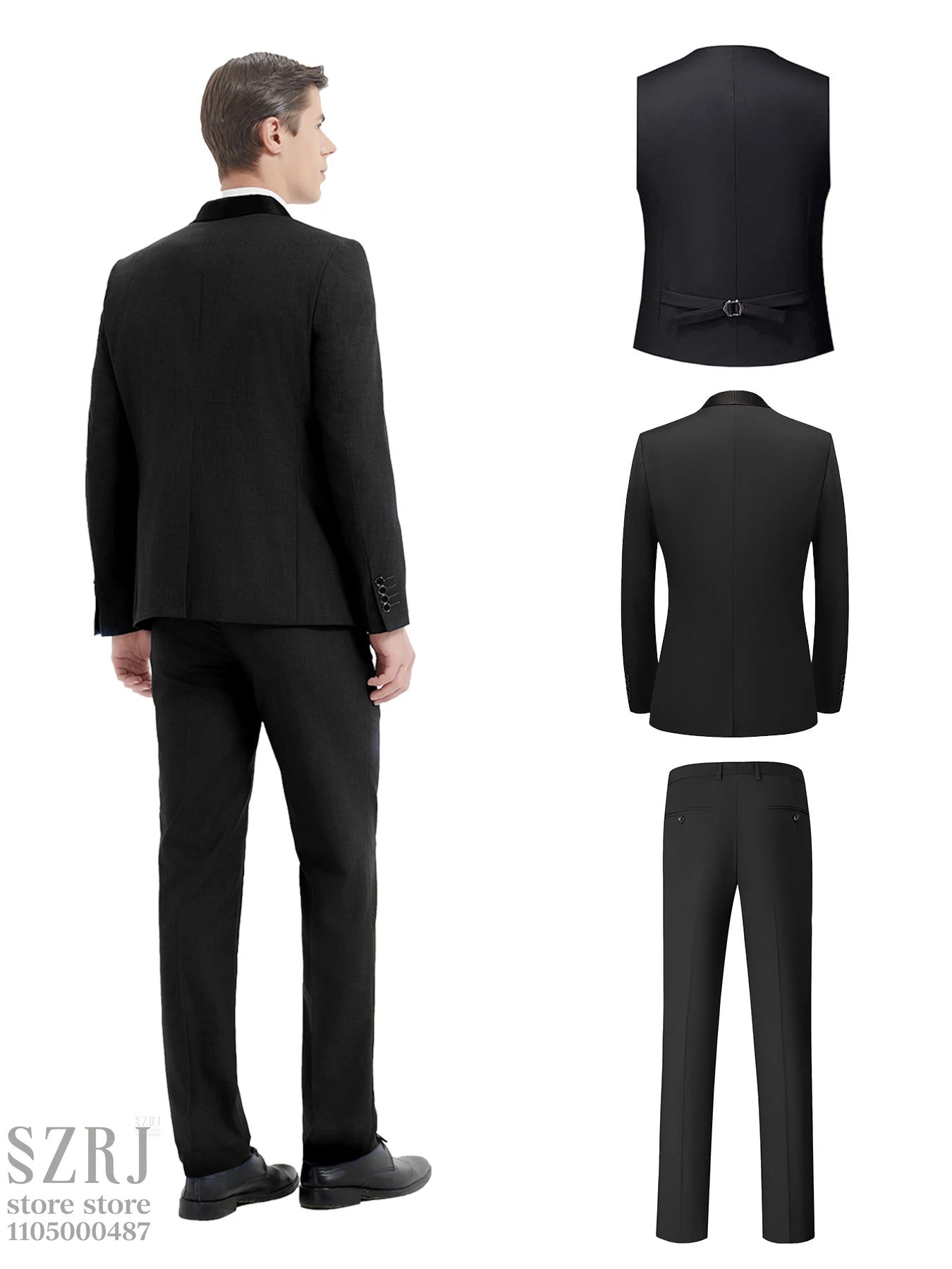 Men's 4-Piece Formal Suit: Jacket + Vest + Pants + Bow Tie, Shawl Collar, 1-Button, Flap Pockets, Wedding/Party
