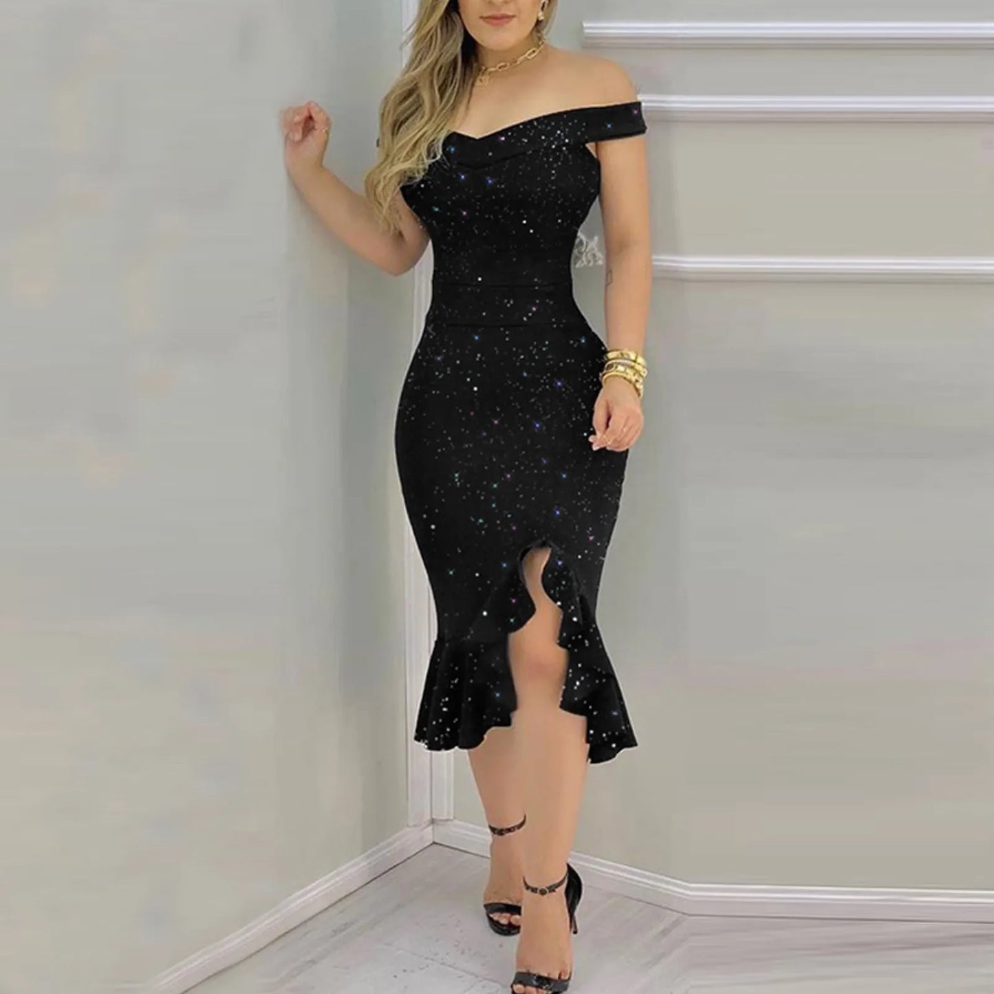 Women'S Fashion Sexy Summer Off Shoulder Short Sleeve Sequin Ruffle Irregular Dresses Elegant Women'S Dresses For Party Vestidos