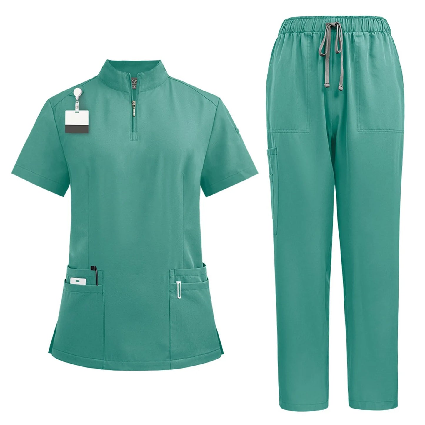 Women Two-Piece Set Solid Color Stand-Up Collar Short-Sleeve Top With Zipper Pocket And Matching Pants Professional Workwear