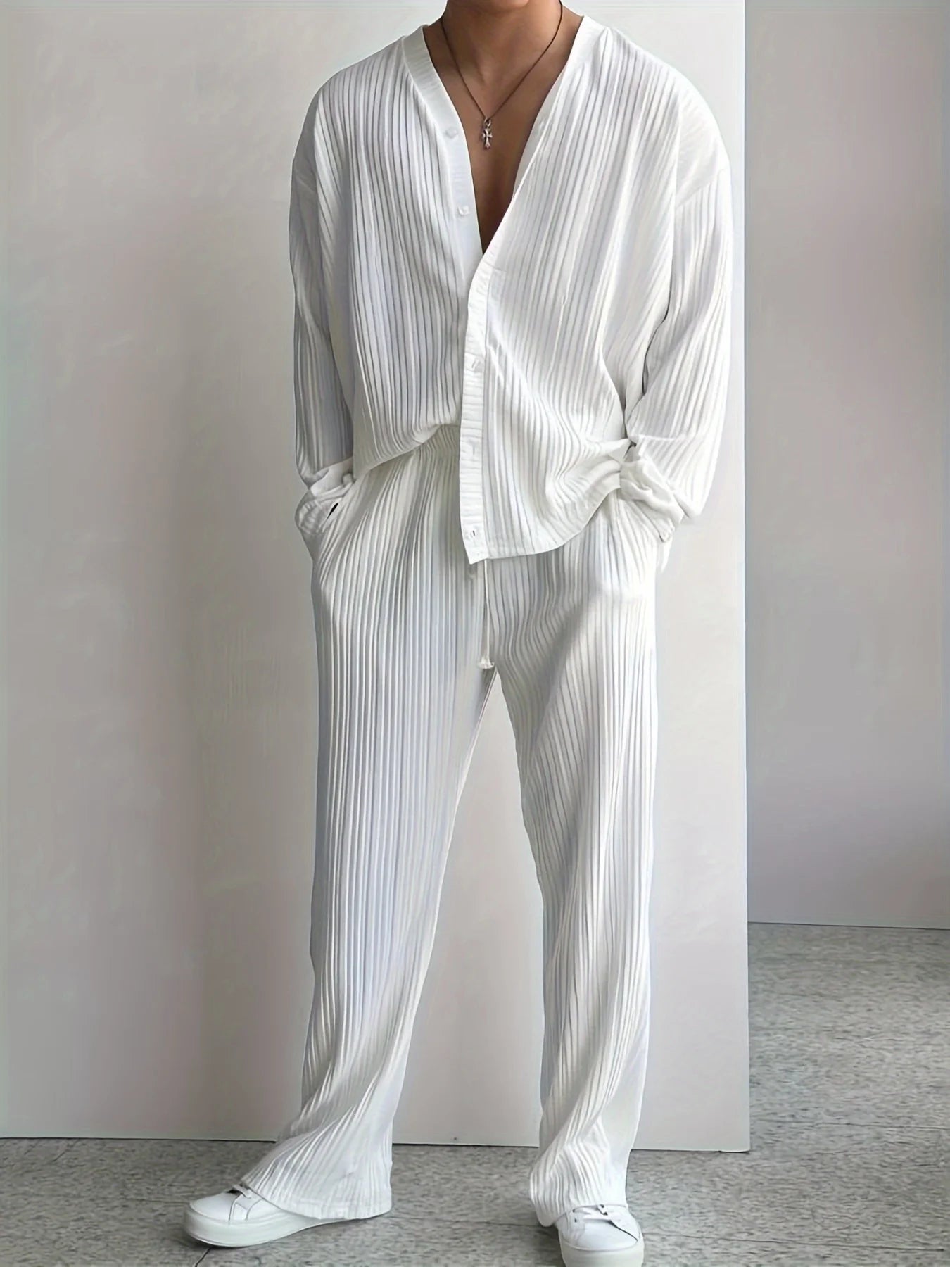 New men's commuter two-piece set, casual button-down shirt long sleeve pants cool men's summer suit - the best choice for casual