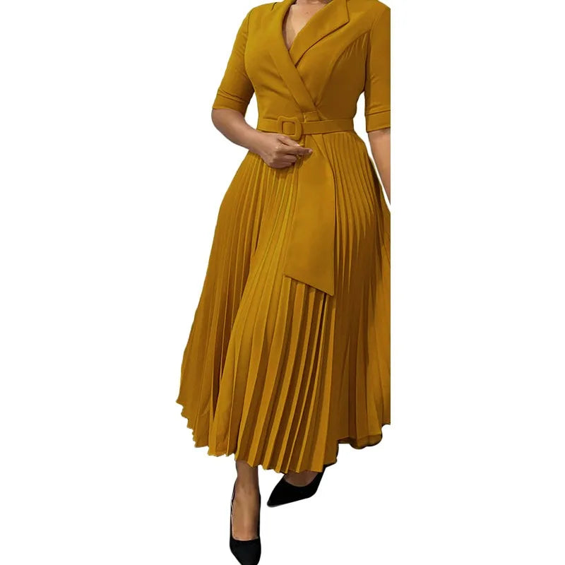 Elegant Office Dresses Pleated for Woman Notched Collar Half Sleeve Belt Waisted Mid Calf Professional Afircan Business New Robe
