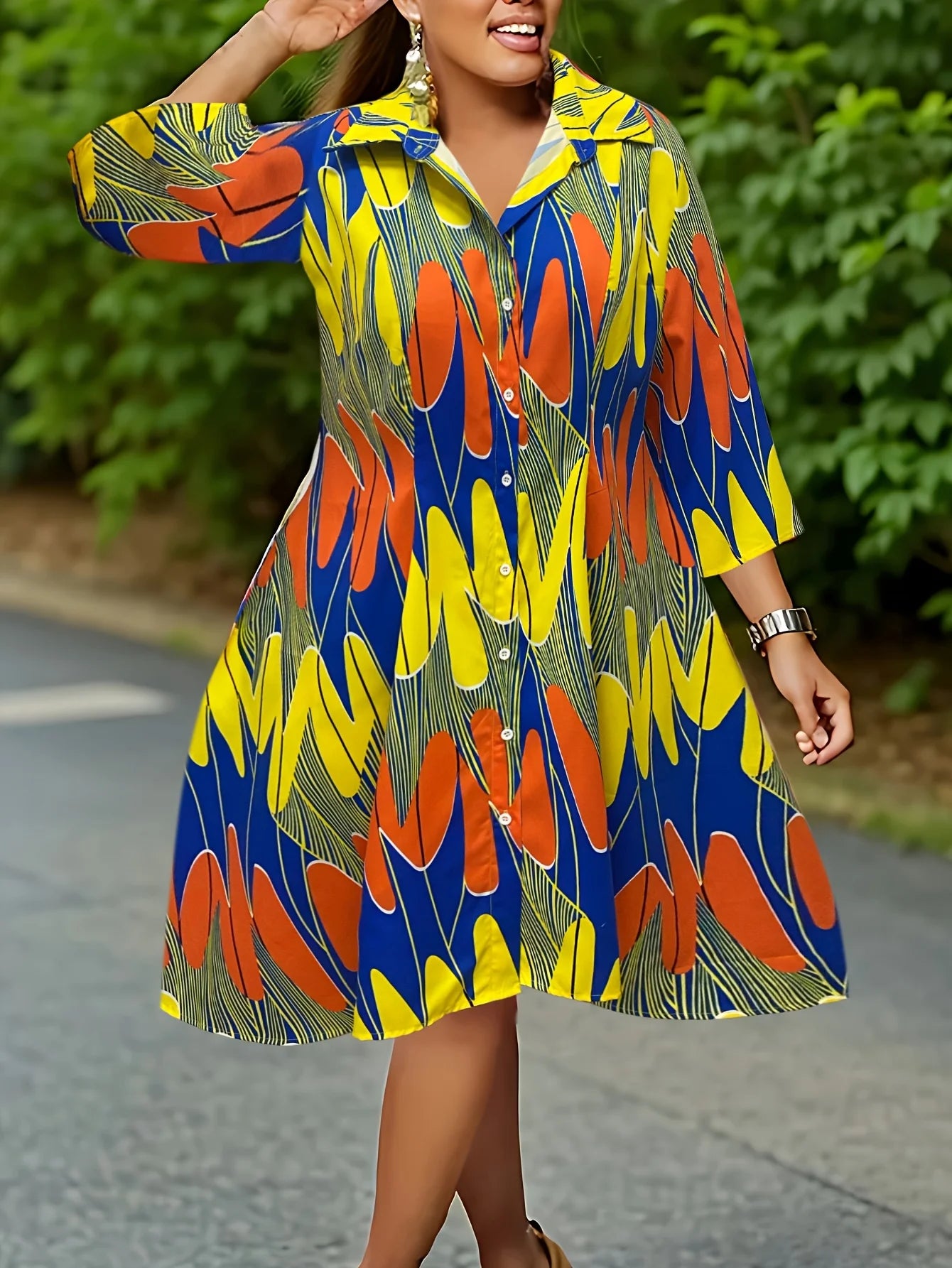 Multi Color Pattern Printed Lapel Long Sleeved Casual Vacation Shirt Long Skirt