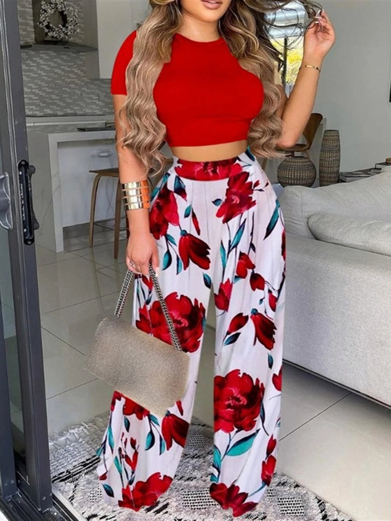 Women Lounge Set Printed Casual Loungewear Set Polyester Blend for Summer Red XXXL