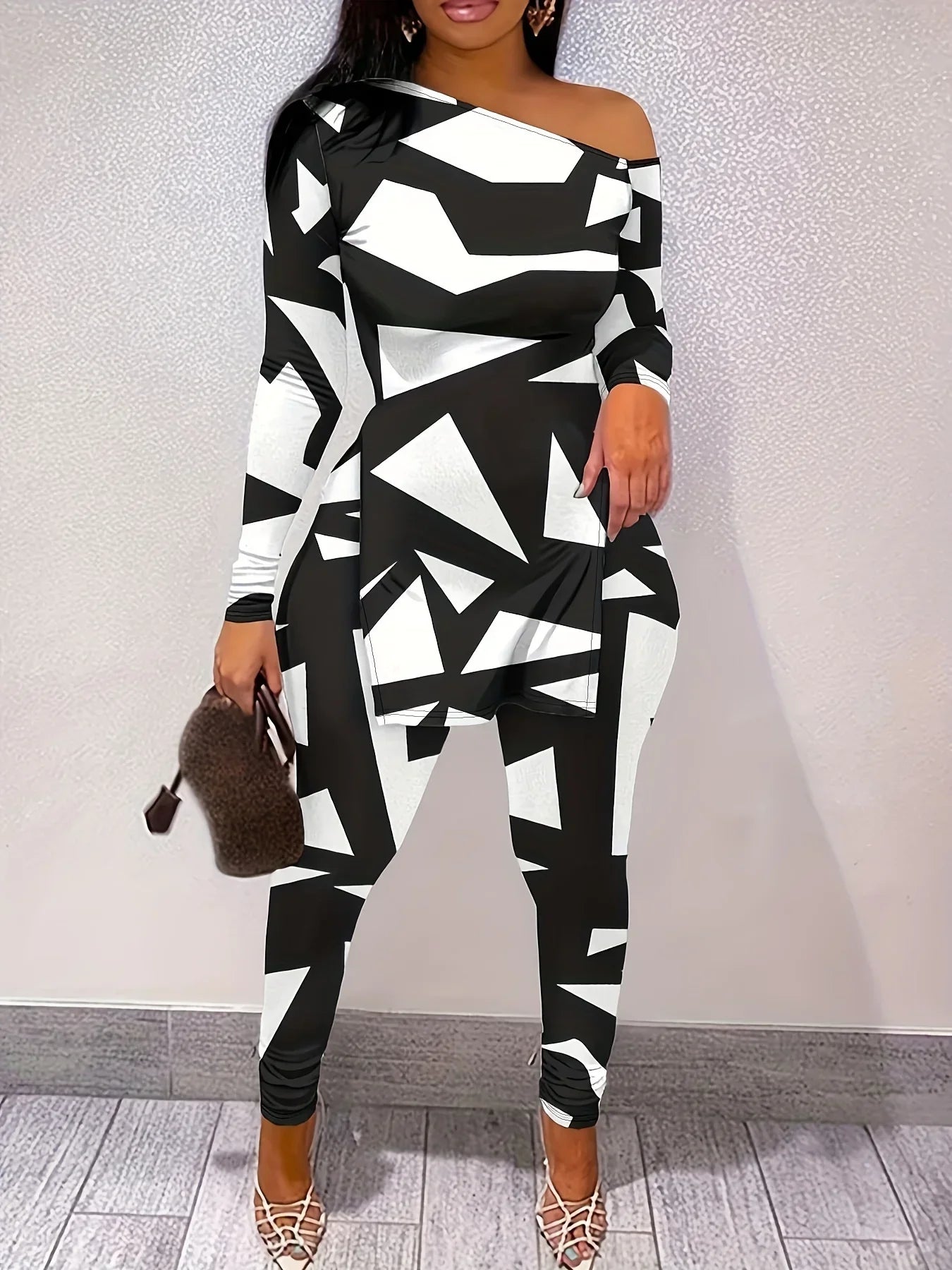 Geometric Print Slit Hem Long-sleeved Top and Pants Set