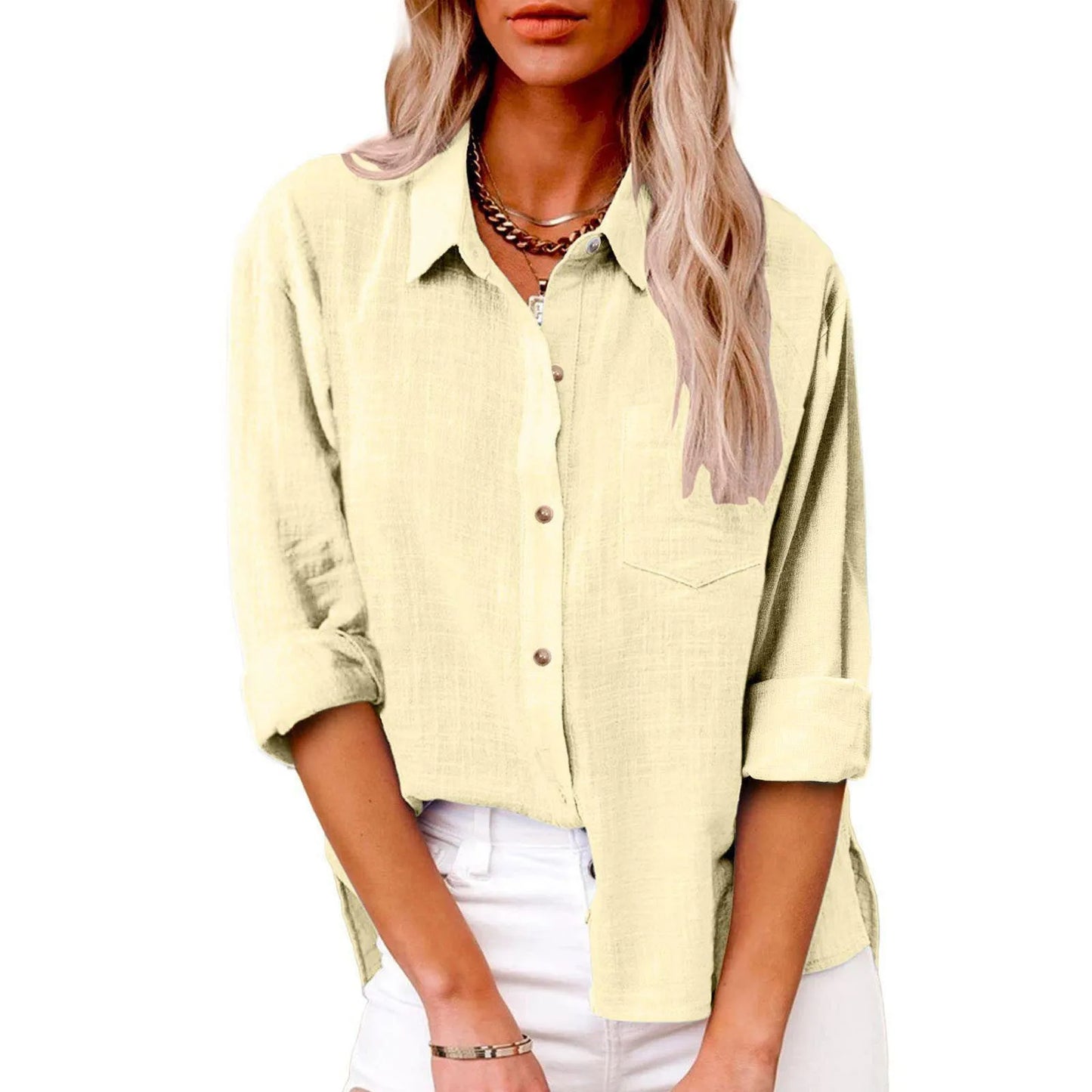 Women's Fashion Solid Color Cotton and Linen Shirt Autumn Long Sleeve Button Solid Color Loose Shirt Casual Large Size Shirt