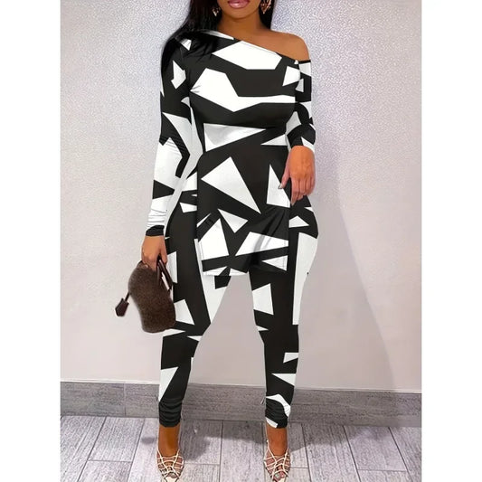 Geometric Print Slit Hem Long-sleeved Top and Pants Set