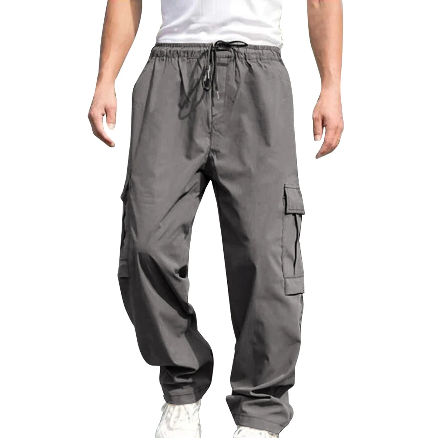 Men s Loose Cargo Long Pants Solid Color Drawstring Waist Straight Leg Trousers Casual Work Pants with Pockets