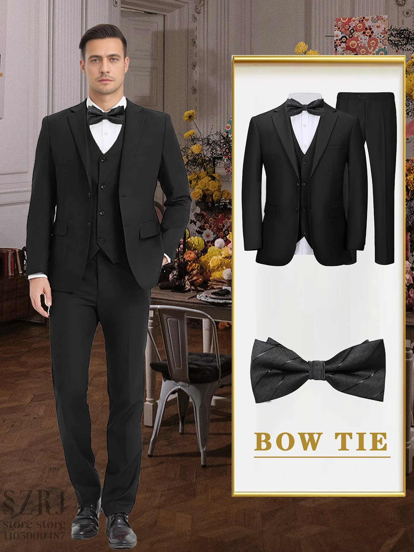 4PCS Men's Formal Tuxedo Set: Vest + Pants + Socks | Classic Solid Suit for Business/Party/Interview