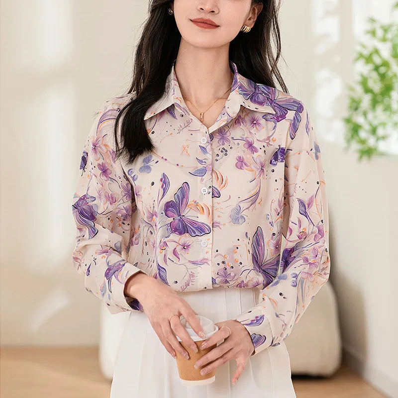 Fashion Korean Casual Women's Long Sleeve Butterfly and Flower Printed Shirt Office Lady Tops
