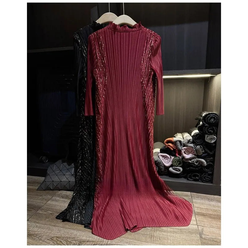 Miyake Pleated Dresses European American Fashion Retro Elegant Stand Collar Stretch Plus Size Women's Elegant Long Dress