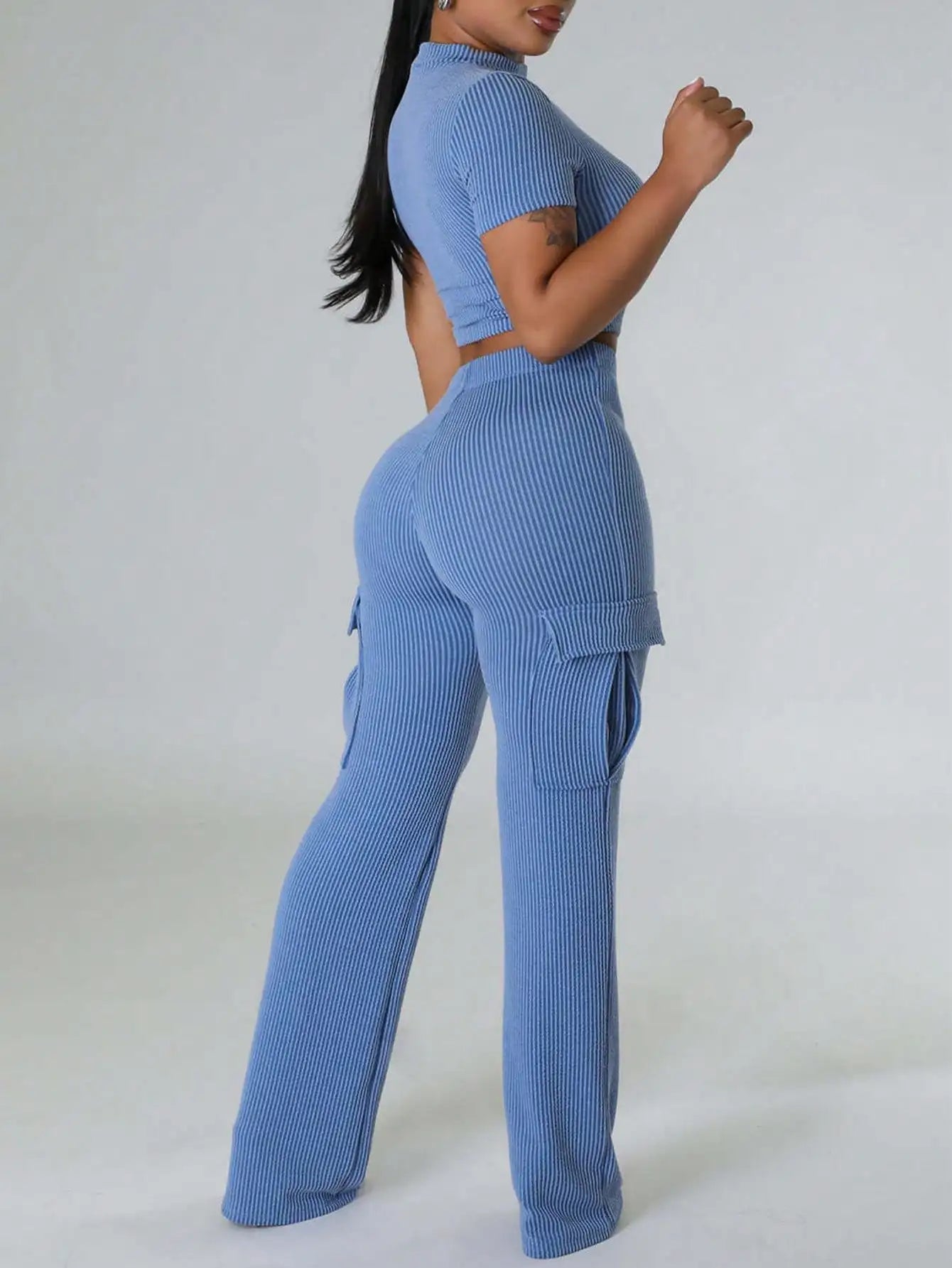 Women's Ribbed Knit Two-Piece Tracksuit - Short Sleeve Crop Top & High-Waisted Wide Leg Pants (Crewneck/Elastic Waist)
