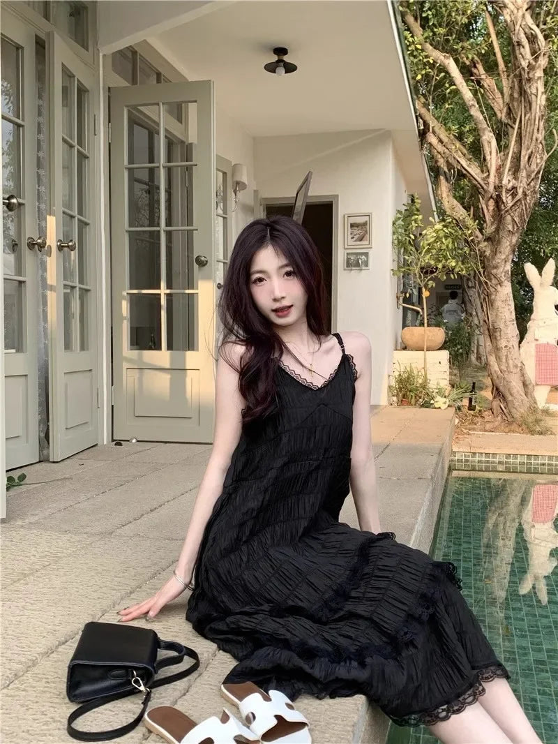Summer  Long Vintage Casual Ruffles Elegant Maxi Strap Camis Silky Beach Lace Elegant Party Dress Vestidos Sexy Women