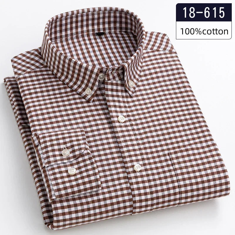 New in Shirt High-Quality 100% Cotton Long-Sleeve Shirts for Men Slim Fit Casual Soft Plaid Tops Single Pocket Houndstooth Cloth