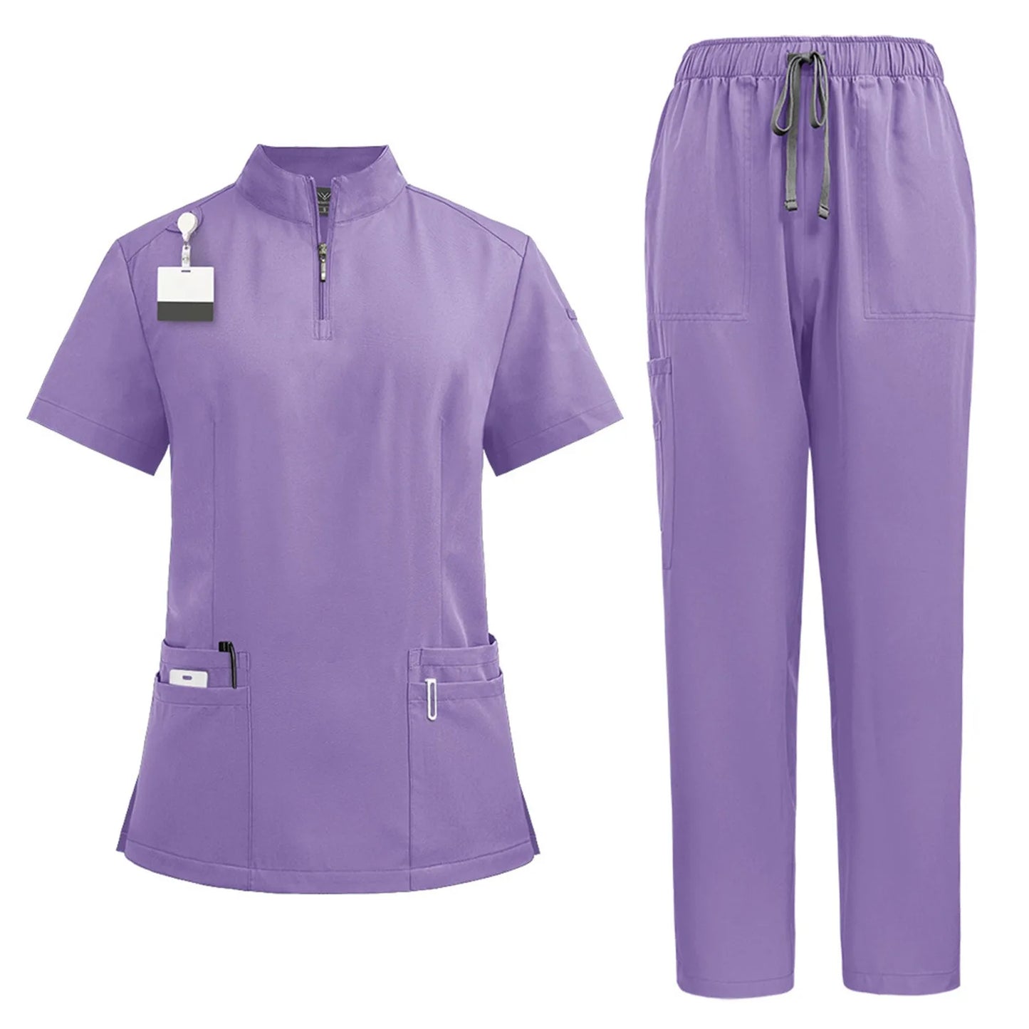 Women Two-Piece Set Solid Color Stand-Up Collar Short-Sleeve Top With Zipper Pocket And Matching Pants Professional Workwear