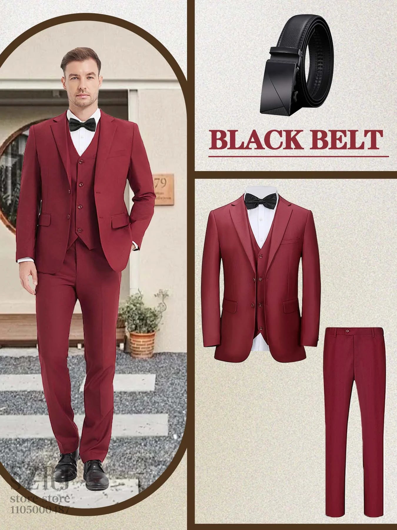 4pcs Men's Formal Suit Set: Tuxedo, Vest, Pants, Belt with .Classic Elegant Attire for Business, Party, Banquet, Job Interview