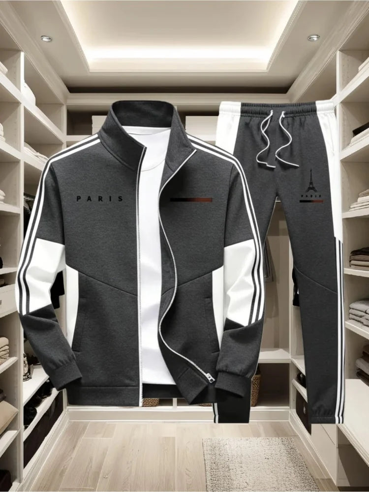 Men's Tracksuit New Contrast Color Stand Collar Zip Jacket + Elastic Waist Pant 2026 Casual Sportswear Jogger Suits Matching Set