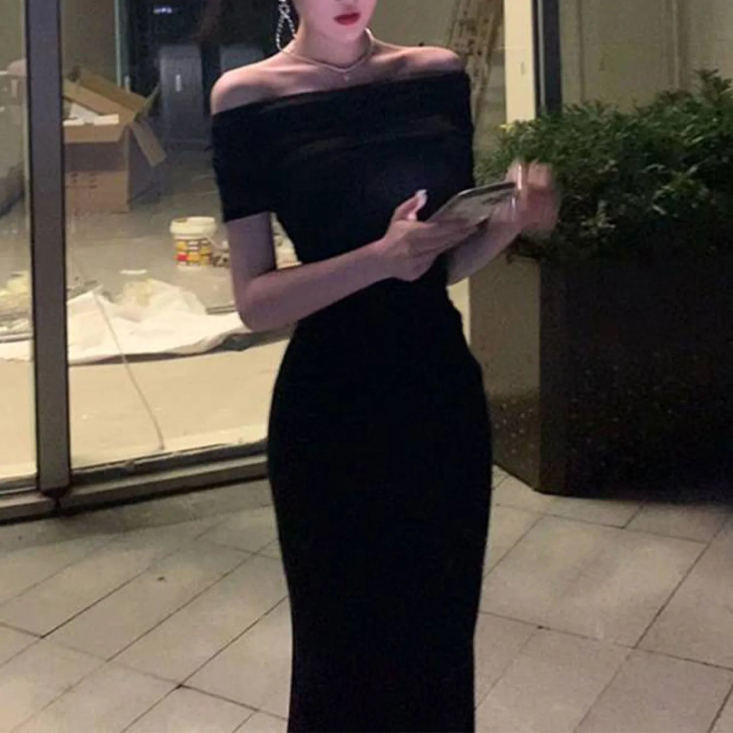 Elegant Off Shoulder Maxi Dress Bodycon Sweater Dress Solid Color Long Sleeve Knitted Party Dresses