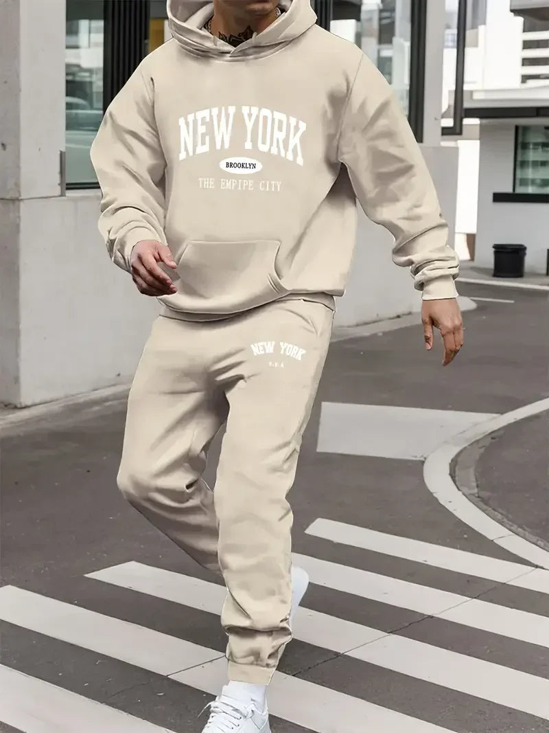 New York Letter Printed Spring and Autumn Hoodie for Couples Y2K Set Long Sleeved Casual and Comfortable kangaroo Pocket Hoodie