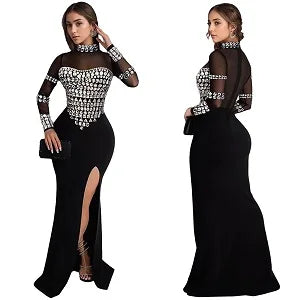 Women's Hot Drilling Craft Sexy Long Sleeve Mesh See Through Sequined Party Club Night Rhinestone Dress